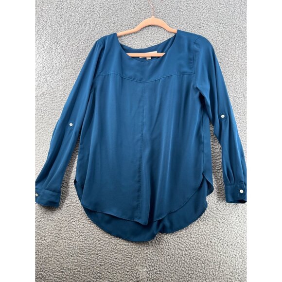 Ann Taylor Lof Long Sleeve Blouse Button Cuffs Asymmetrical Hem Blue Size Medium - Picture 1 of 6